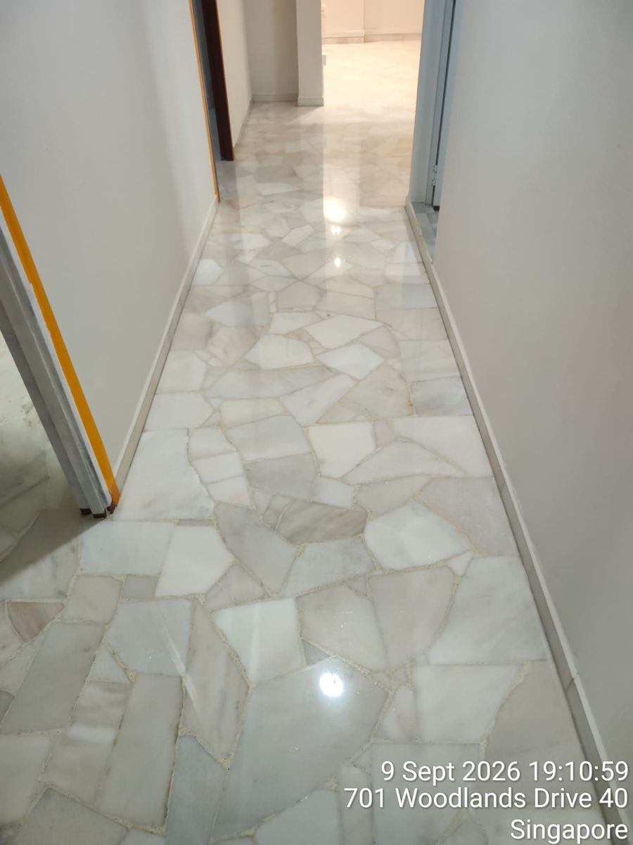 Crazy-paving marble corridor after polishing