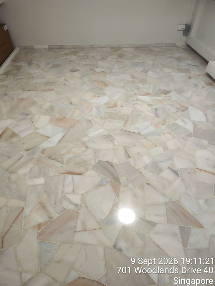 Crazy-paving marble room after polishing
